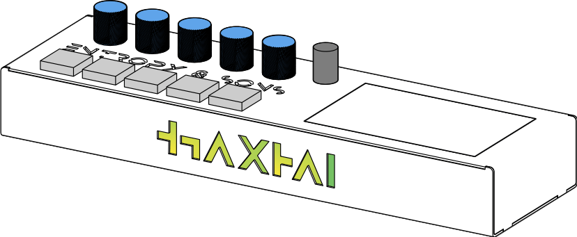 Recursion Studio front panel showing 5 encoders, 5 drum pads, and LCD touchscreen
