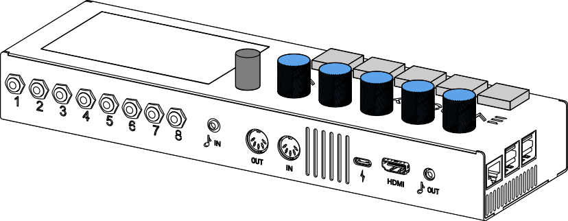 Recursion Studio rear panel showing HDMI output, MIDI I/O, 8 CV inputs, audio input, and ethernet